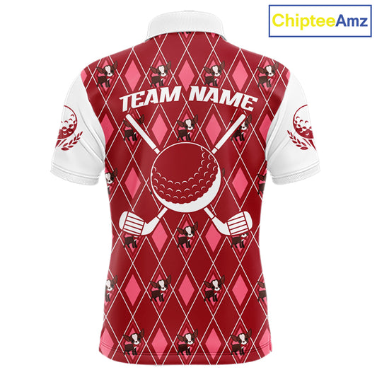 Funny Cute Dog Pink Argyle Pattern Mens Golf Polo Shirts, Dog Lover Golf Team Shirts NBT1013
