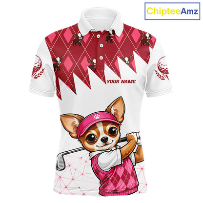 Funny Cute Dog Pink Argyle Pattern Mens Golf Polo Shirts, Dog Lover Golf Team Shirts NBT1013