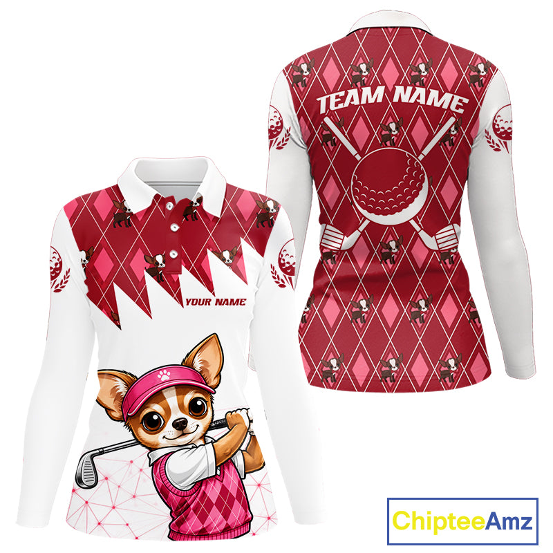 Funny Cute Dog Pink Argyle Pattern Womens Golf Polo Shirts, Dog Lover Golf Team Shirts NBT1013