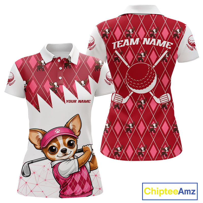 Funny Cute Dog Pink Argyle Pattern Womens Golf Polo Shirts, Dog Lover Golf Team Shirts NBT1013