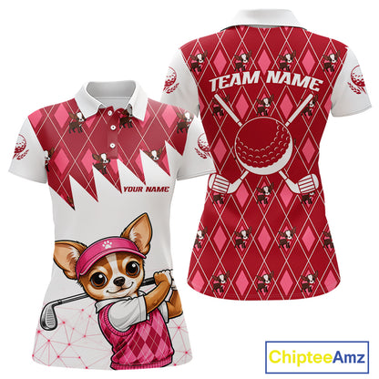 Funny Cute Dog Pink Argyle Pattern Womens Golf Polo Shirts, Dog Lover Golf Team Shirts NBT1013