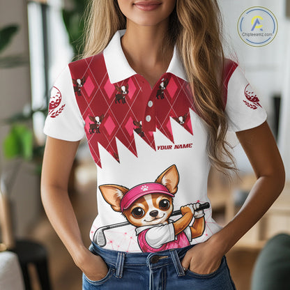 Funny Cute Dog Pink Argyle Pattern Womens Golf Polo Shirts, Dog Lover Golf Team Shirts NBT1013