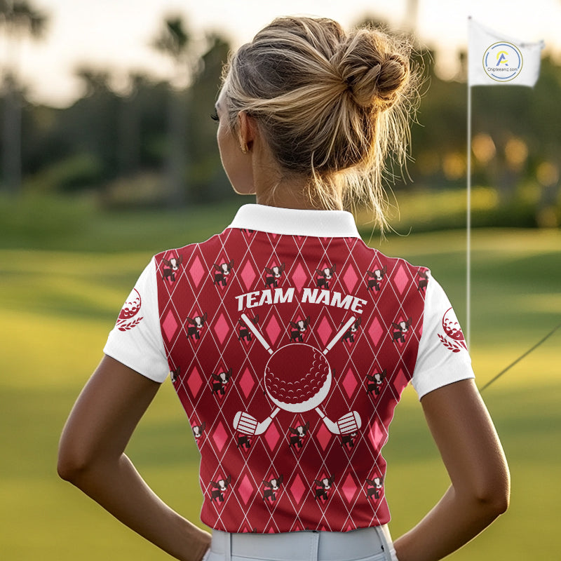 Funny Cute Dog Pink Argyle Pattern Womens Golf Polo Shirts, Dog Lover Golf Team Shirts NBT1013