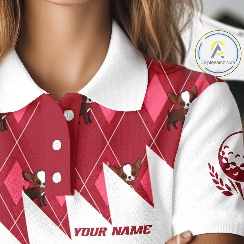 Funny Cute Dog Pink Argyle Pattern Womens Golf Polo Shirts, Dog Lover Golf Team Shirts NBT1013