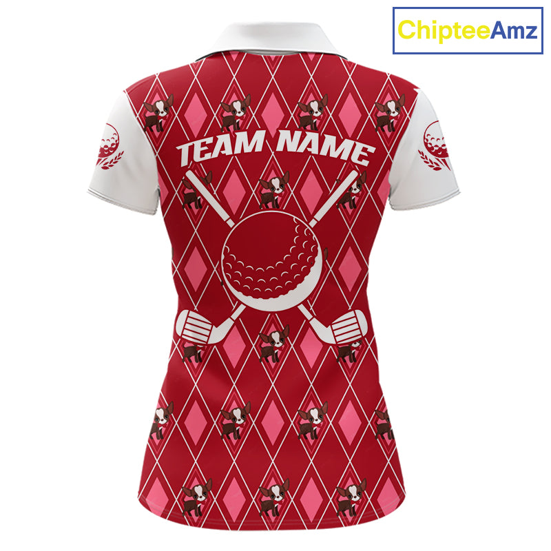 Funny Cute Dog Pink Argyle Pattern Womens Golf Polo Shirts, Dog Lover Golf Team Shirts NBT1013