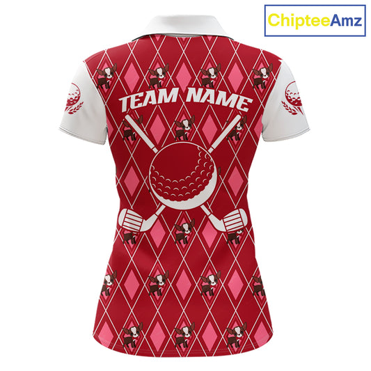 Funny Cute Dog Pink Argyle Pattern Womens Golf Polo Shirts, Dog Lover Golf Team Shirts NBT1013