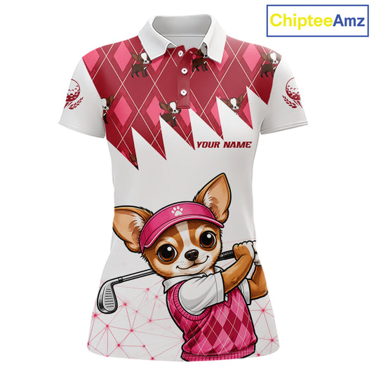 Funny Cute Dog Pink Argyle Pattern Womens Golf Polo Shirts, Dog Lover Golf Team Shirts NBT1013