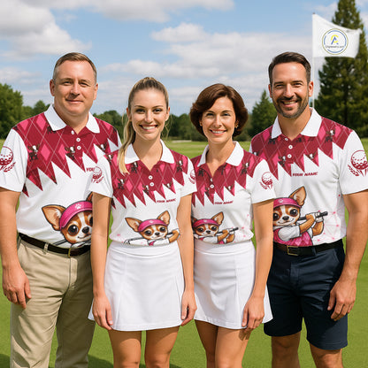 Funny Cute Dog Pink Argyle Pattern Mens Golf Polo Shirts, Dog Lover Golf Team Shirts NBT1013