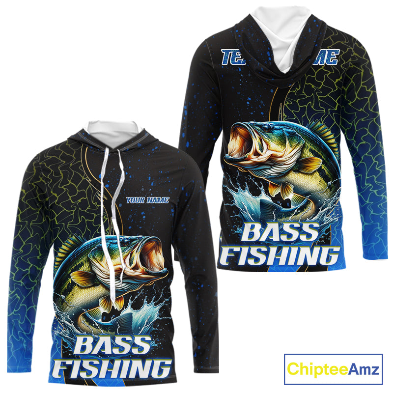 Bass Fishing Blue Flame Smoke Long Sleeve Hooded Fishing Shirts, Bass Fishing Shirt For Team NBT1016