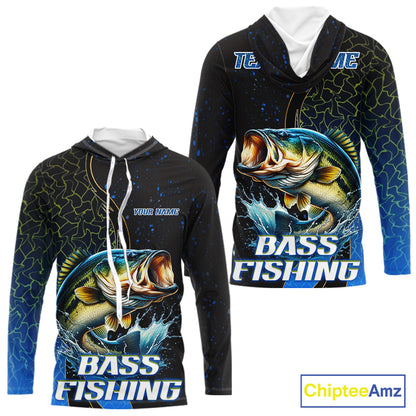 Bass Fishing Blue Flame Smoke Long Sleeve Hooded Fishing Shirts, Bass Fishing Shirt For Team NBT1016