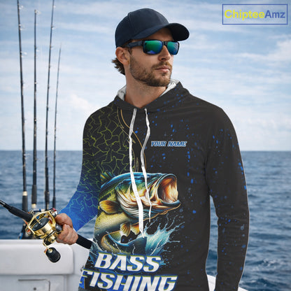 Bass Fishing Blue Flame Smoke Long Sleeve Hooded Fishing Shirts, Bass Fishing Shirt For Team NBT1016