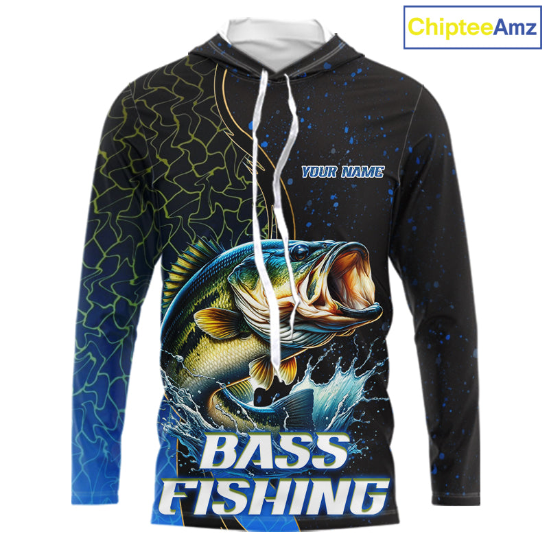 Bass Fishing Blue Flame Smoke Long Sleeve Hooded Fishing Shirts, Bass Fishing Shirt For Team NBT1016