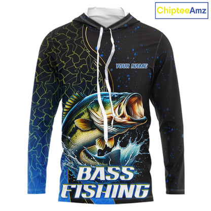 Bass Fishing Blue Flame Smoke Long Sleeve Hooded Fishing Shirts, Bass Fishing Shirt For Team NBT1016