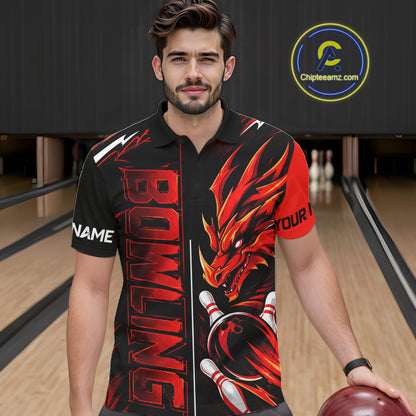 Custom Black And Red Dragon Bowling Polo & 1/4 Zip Shirts For Men, Dragon Bowling Team Shirts NBT1094