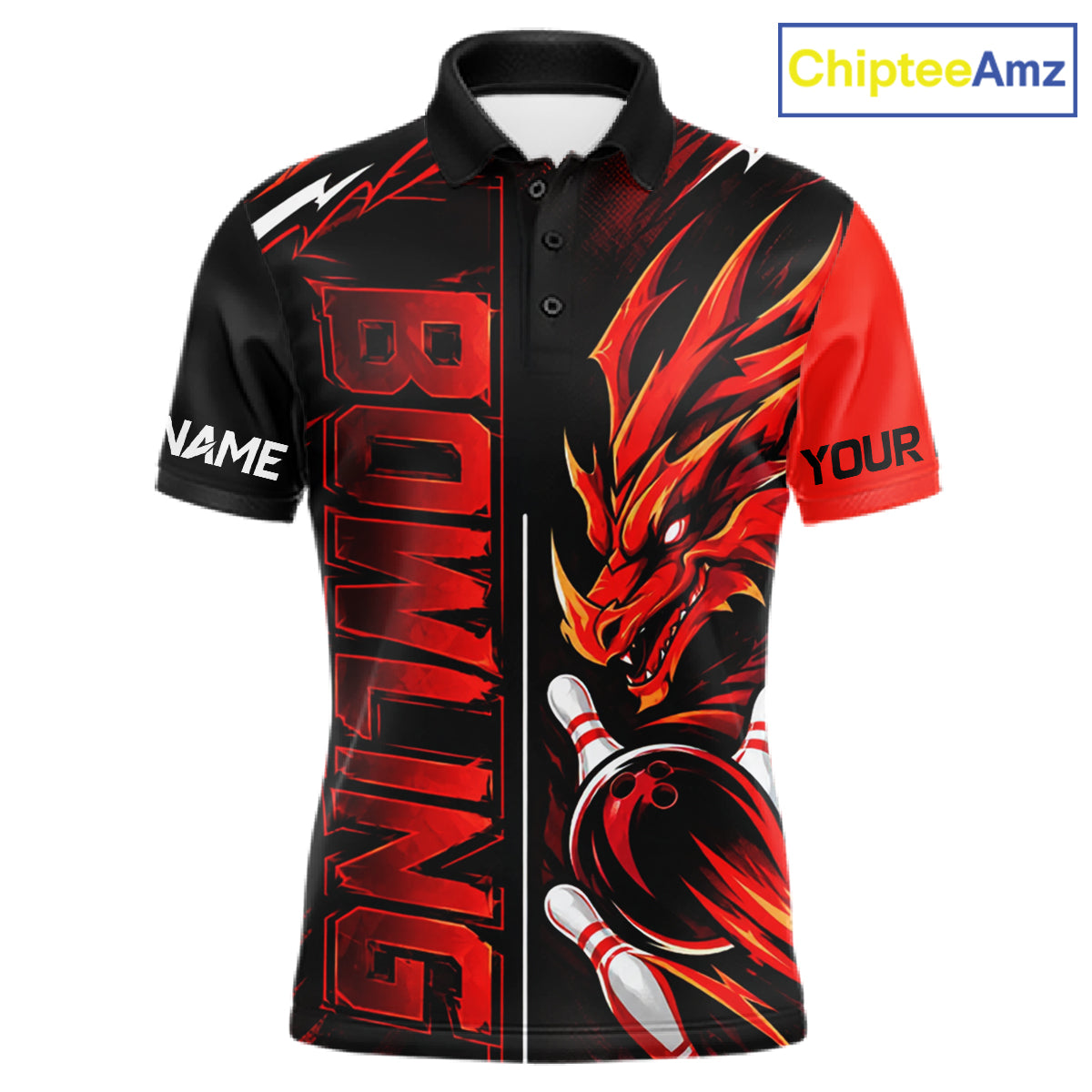Custom Black And Red Dragon Bowling Polo & 1/4 Zip Shirts For Men, Dragon Bowling Team Shirts NBT1094