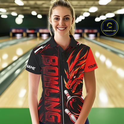 Custom Black And Red Dragon Bowling Polo & 1/4 Zip Shirts For Women, Dragon Bowling Team Shirts NBT1094