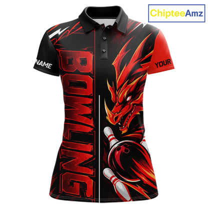 Custom Black And Red Dragon Bowling Polo & 1/4 Zip Shirts For Women, Dragon Bowling Team Shirts NBT1094