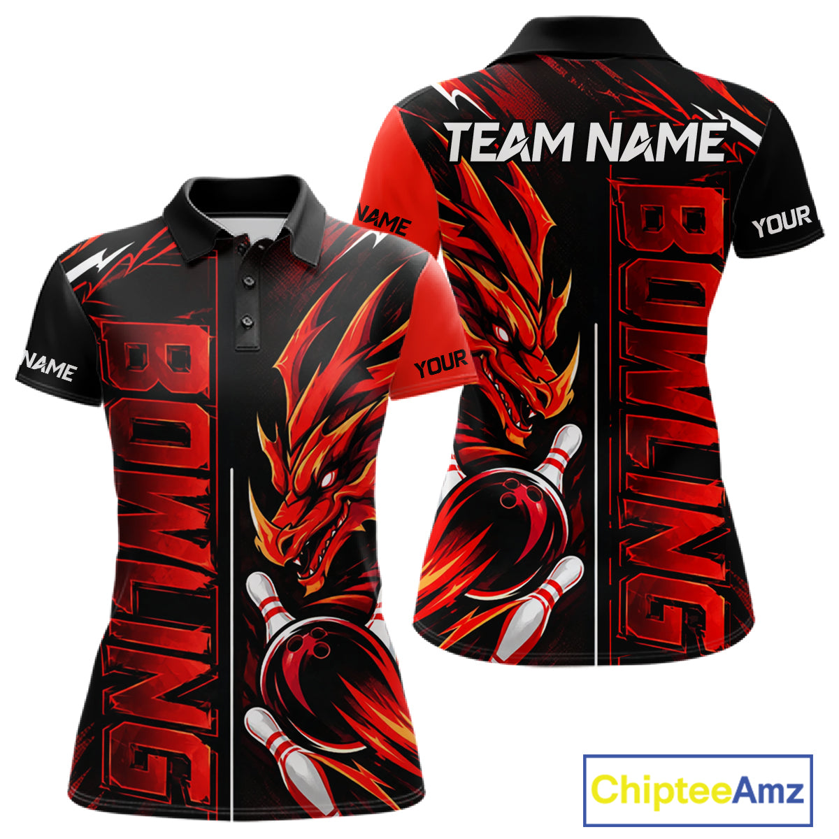 Custom Black And Red Dragon Bowling Polo & 1/4 Zip Shirts For Women, Dragon Bowling Team Shirts NBT1094