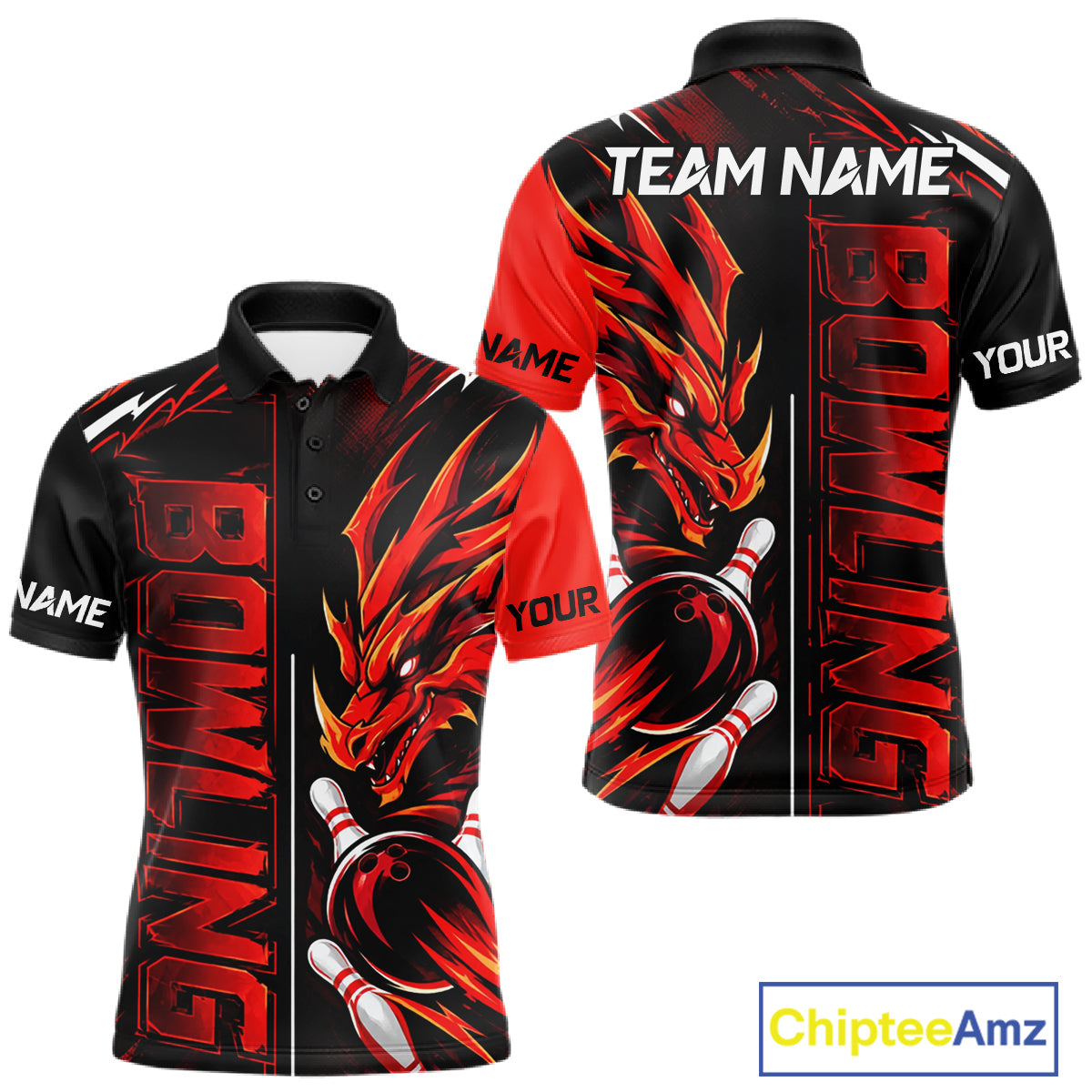 Custom Black And Red Dragon Bowling Polo & 1/4 Zip Shirts For Men, Dragon Bowling Team Shirts NBT1094