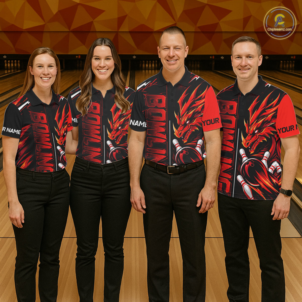 Custom Black And Red Dragon Bowling Polo & 1/4 Zip Shirts For Men, Dragon Bowling Team Shirts NBT1094