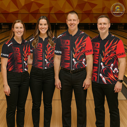 Custom Black And Red Dragon Bowling Polo & 1/4 Zip Shirts For Men, Dragon Bowling Team Shirts NBT1094