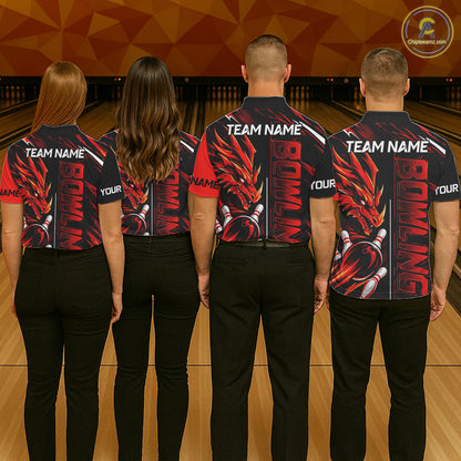 Custom Black And Red Dragon Bowling Polo & 1/4 Zip Shirts For Men, Dragon Bowling Team Shirts NBT1094