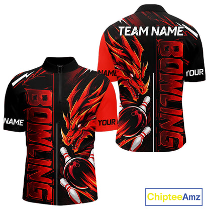 Custom Black And Red Dragon Bowling Polo & 1/4 Zip Shirts For Men, Dragon Bowling Team Shirts NBT1094