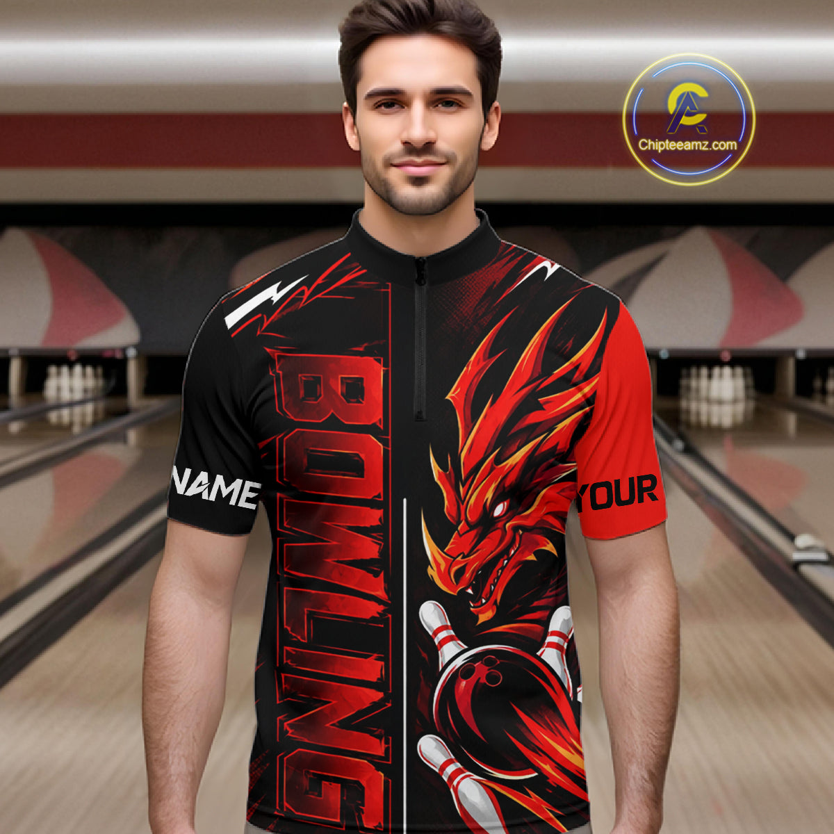 Custom Black And Red Dragon Bowling Polo & 1/4 Zip Shirts For Men, Dragon Bowling Team Shirts NBT1094