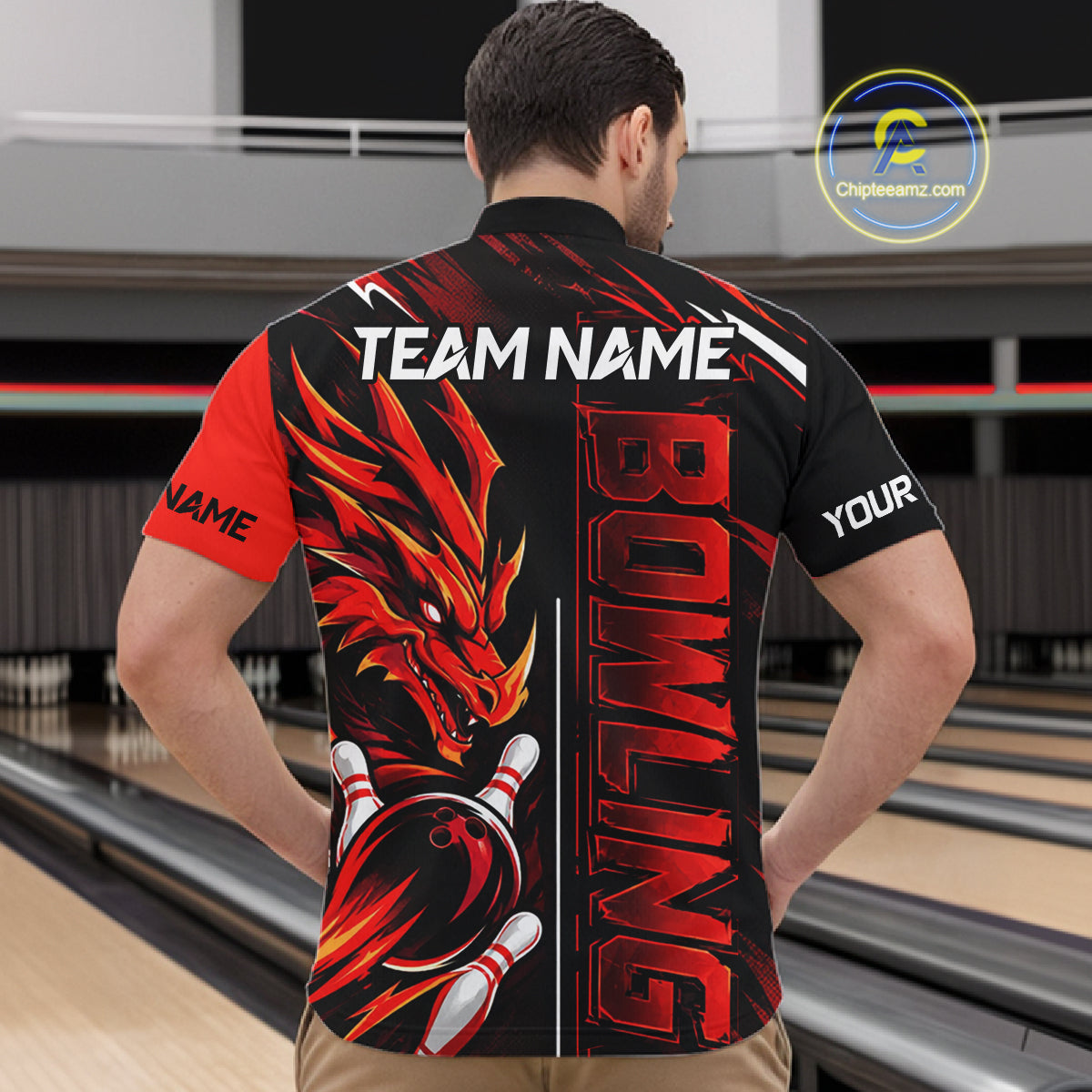Custom Black And Red Dragon Bowling Polo & 1/4 Zip Shirts For Men, Dragon Bowling Team Shirts NBT1094