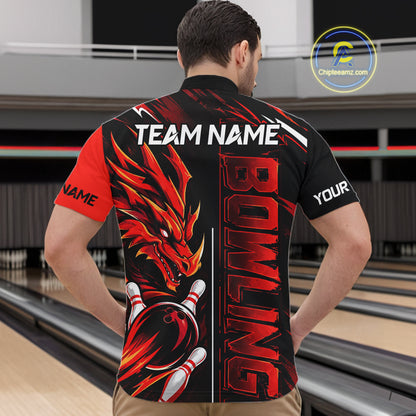 Custom Black And Red Dragon Bowling Polo & 1/4 Zip Shirts For Men, Dragon Bowling Team Shirts NBT1094