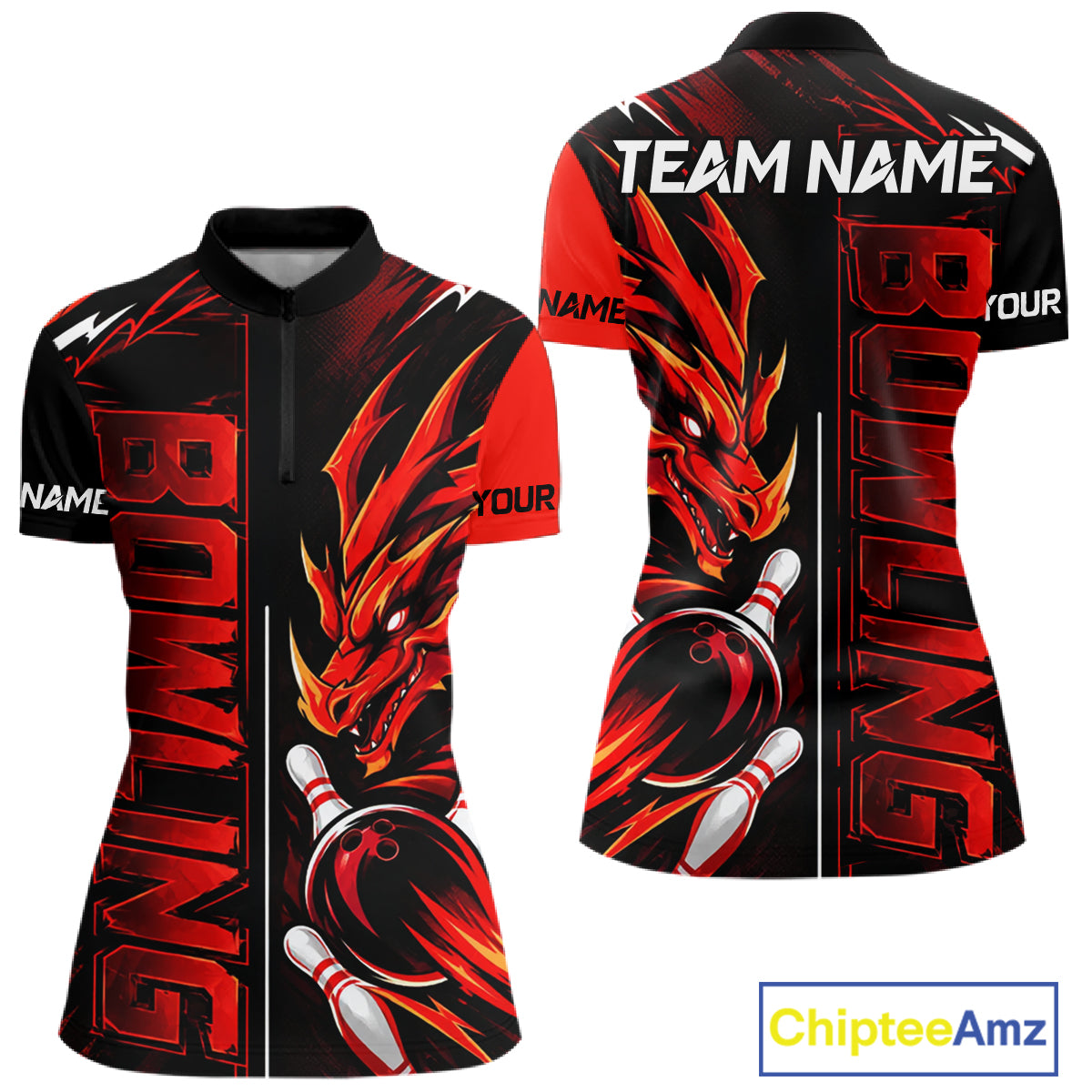 Custom Black And Red Dragon Bowling Polo & 1/4 Zip Shirts For Women, Dragon Bowling Team Shirts NBT1094