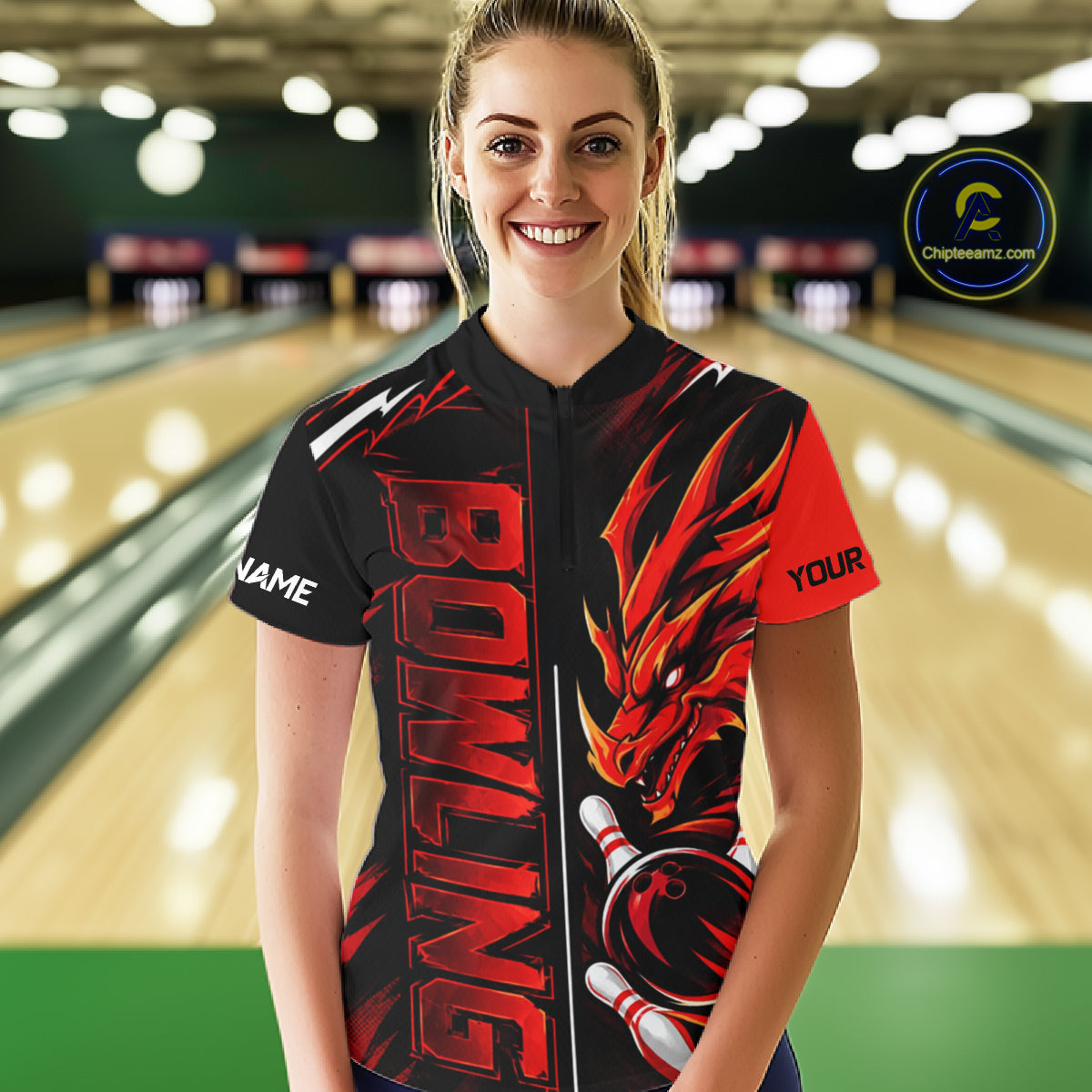 Custom Black And Red Dragon Bowling Polo & 1/4 Zip Shirts For Women, Dragon Bowling Team Shirts NBT1094