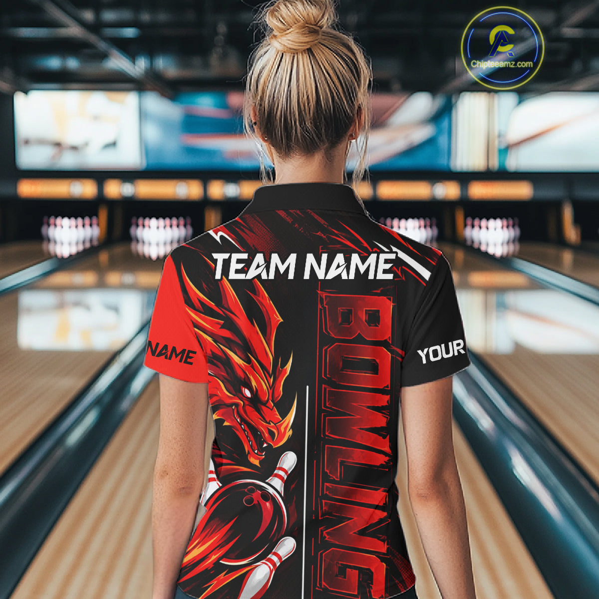 Custom Black And Red Dragon Bowling Polo & 1/4 Zip Shirts For Women, Dragon Bowling Team Shirts NBT1094