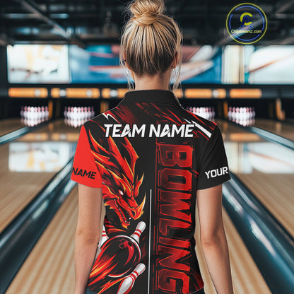 Custom Black And Red Dragon Bowling Polo & 1/4 Zip Shirts For Women, Dragon Bowling Team Shirts NBT1094