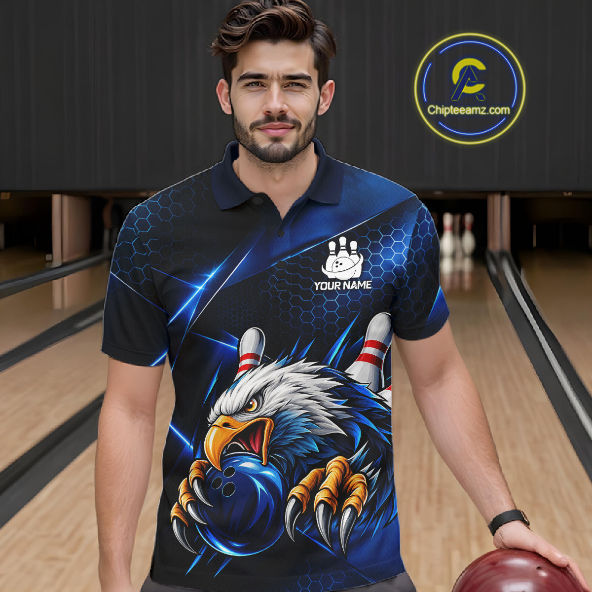 Blue Camo Eagle Bowling Shirts For Men Custom Patriotic Team League Bowling Jerseys NBT1095