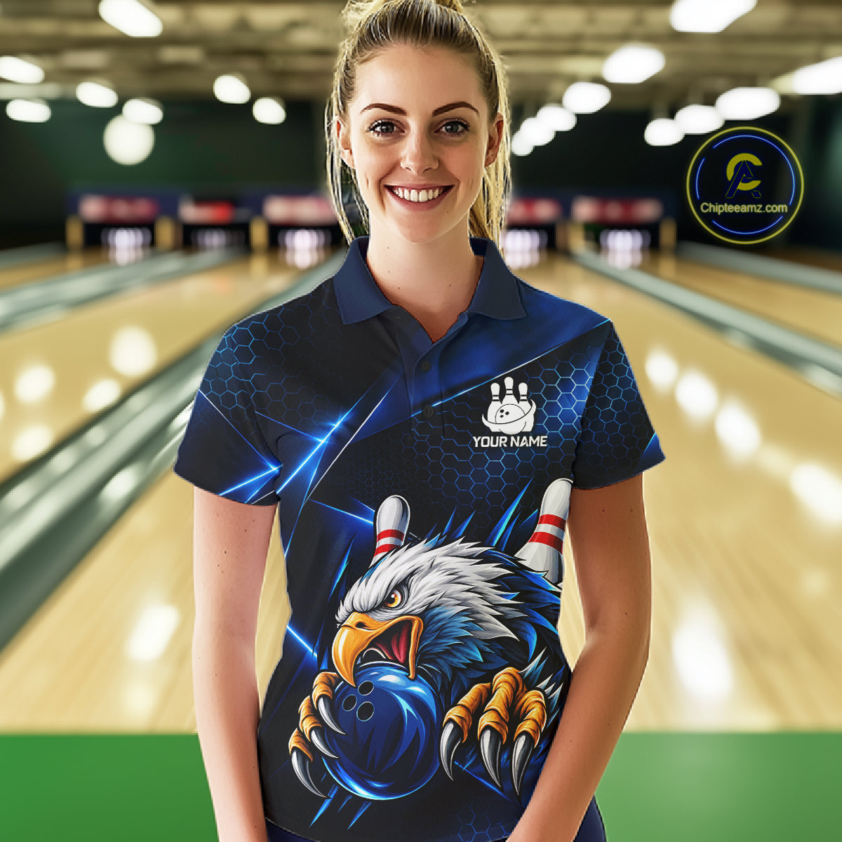 Blue Camo Eagle Bowling Shirts For Women Custom Patriotic Team League Bowling Jerseys NBT1095