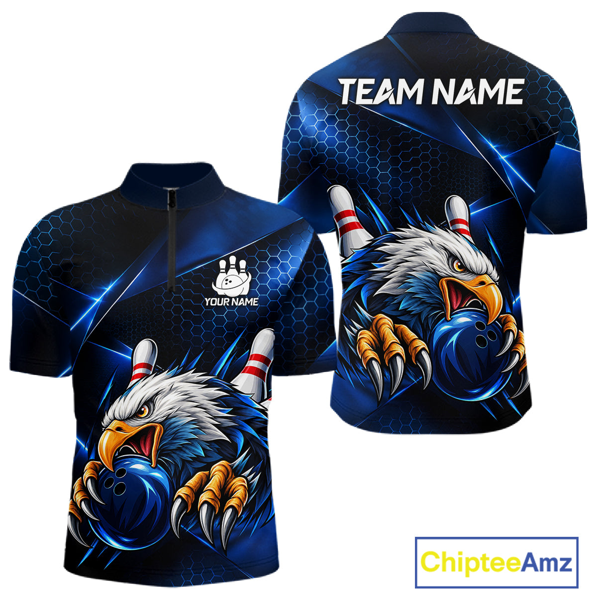Blue Camo Eagle Bowling Shirts For Men Custom Patriotic Team League Bowling Jerseys NBT1095