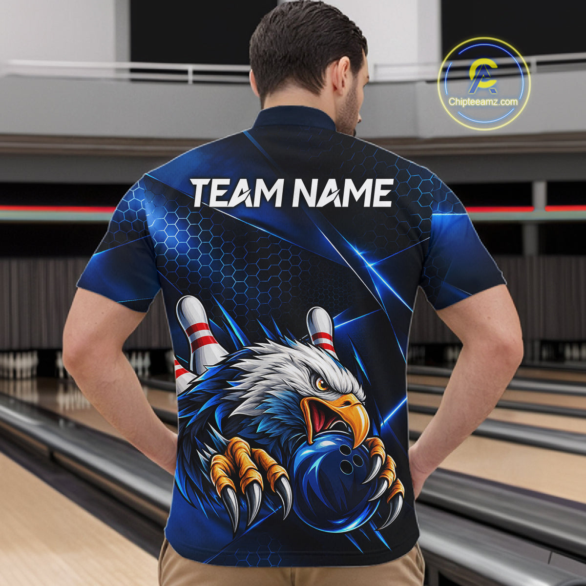 Blue Camo Eagle Bowling Shirts For Men Custom Patriotic Team League Bowling Jerseys NBT1095
