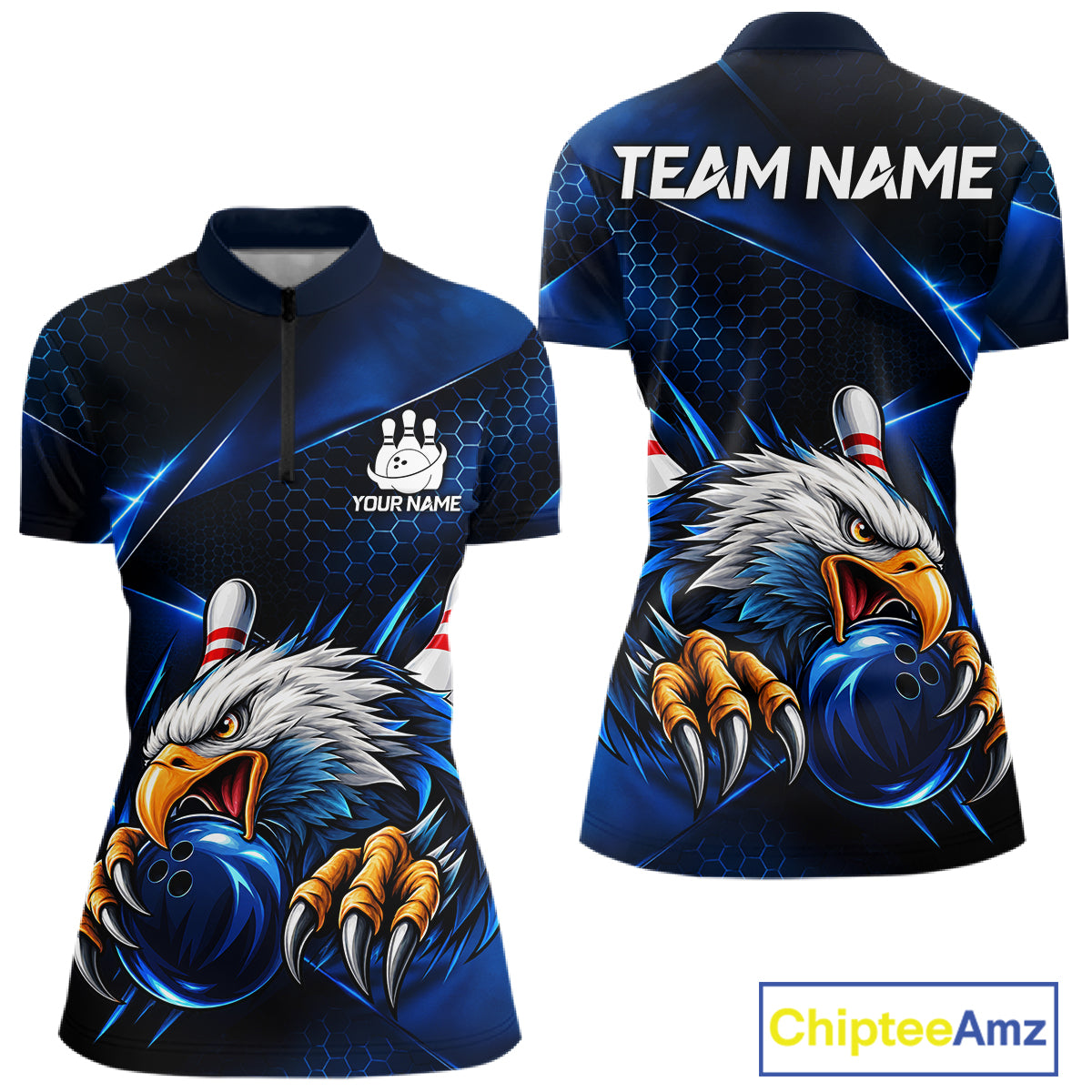 Blue Camo Eagle Bowling Shirts For Women Custom Patriotic Team League Bowling Jerseys NBT1095