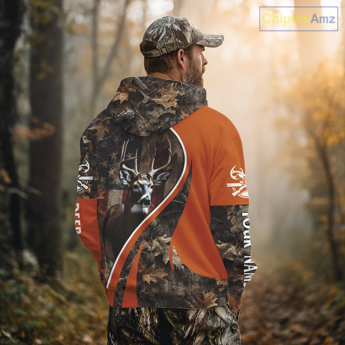 Custom Whitetail Deer Hunting Shirt 3D All Over Print with Orange Camo US Flag Hunting Gifts NBT253