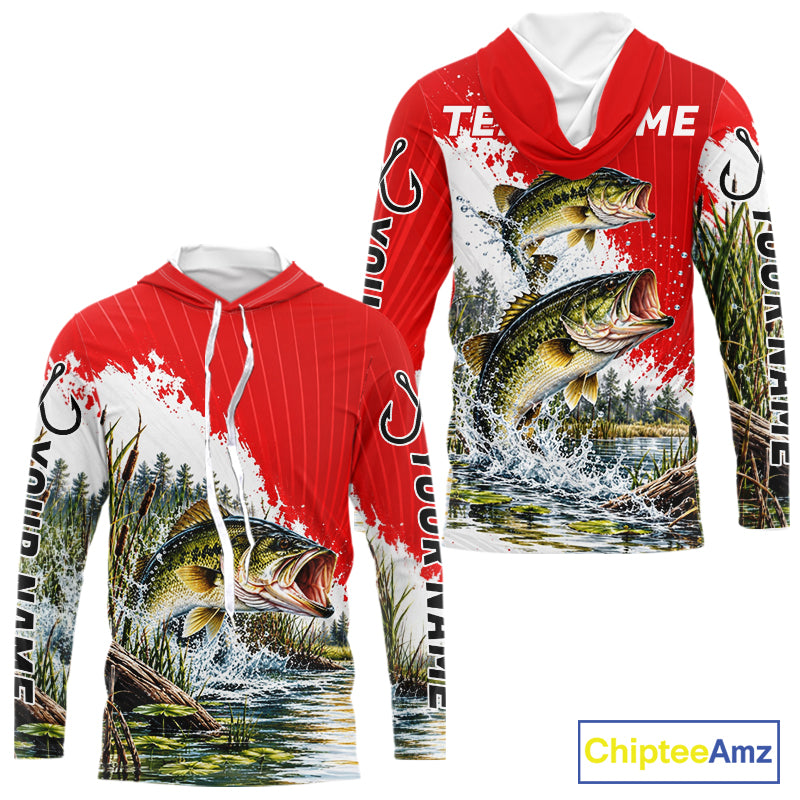 Custom Largemouth Bass Fishing Performance Long Sleeve Hooded Fishing Shirt, Bass Fishing Jerseys NBT1225