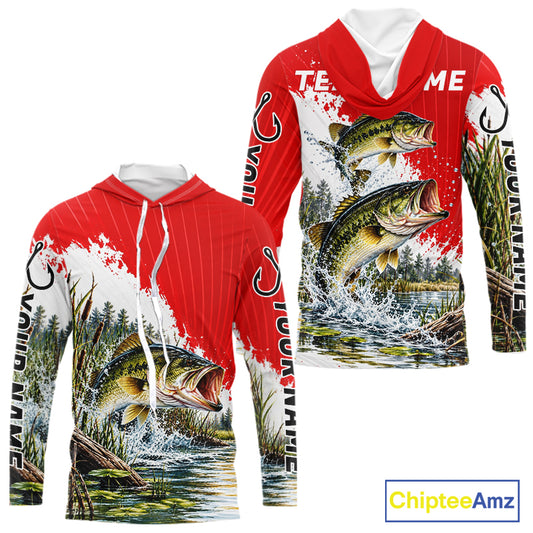 Custom Largemouth Bass Fishing Performance Long Sleeve Hooded Fishing Shirt, Bass Fishing Jerseys NBT1225