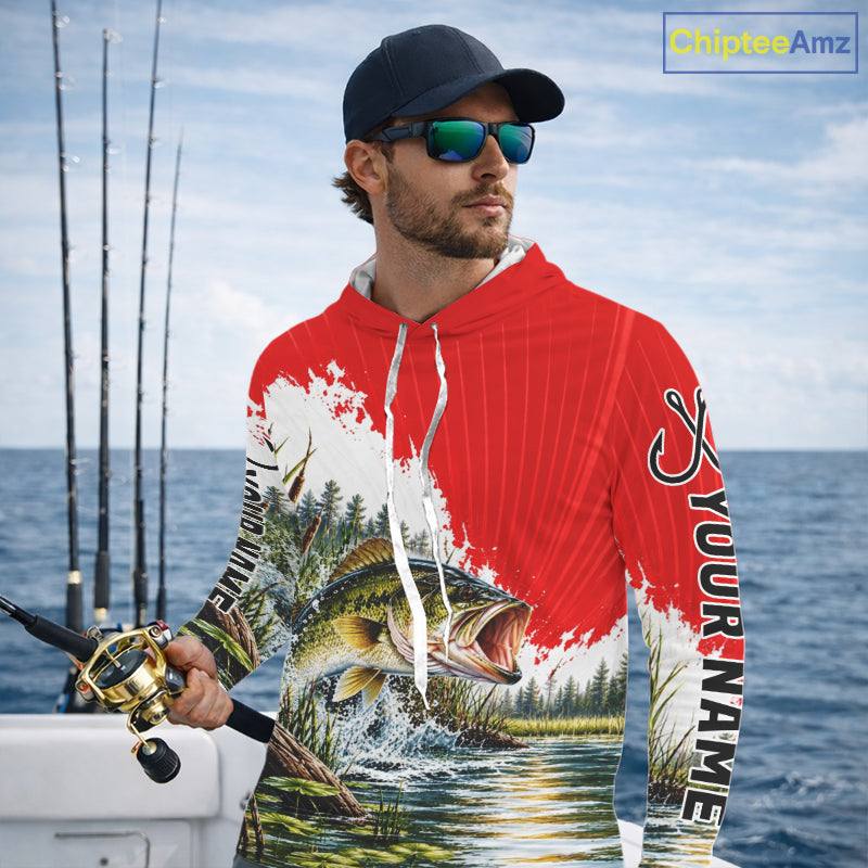 Custom Largemouth Bass Fishing Performance Long Sleeve Hooded Fishing Shirt, Bass Fishing Jerseys NBT1225
