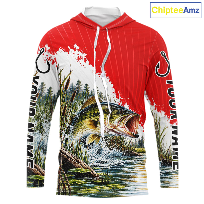 Custom Largemouth Bass Fishing Performance Long Sleeve Hooded Fishing Shirt, Bass Fishing Jerseys NBT1225