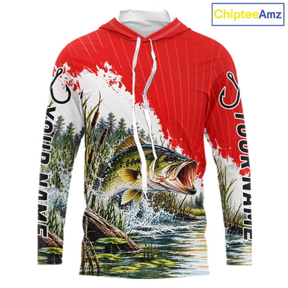 Custom Largemouth Bass Fishing Performance Long Sleeve Hooded Fishing Shirt, Bass Fishing Jerseys NBT1225