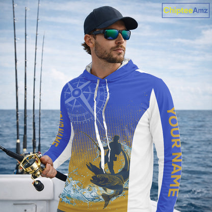 Trout Fishing Shirts Long Sleeve Fisherman Compass Blue And Yellow, Trout Fly Fishing Jerseys NBT389