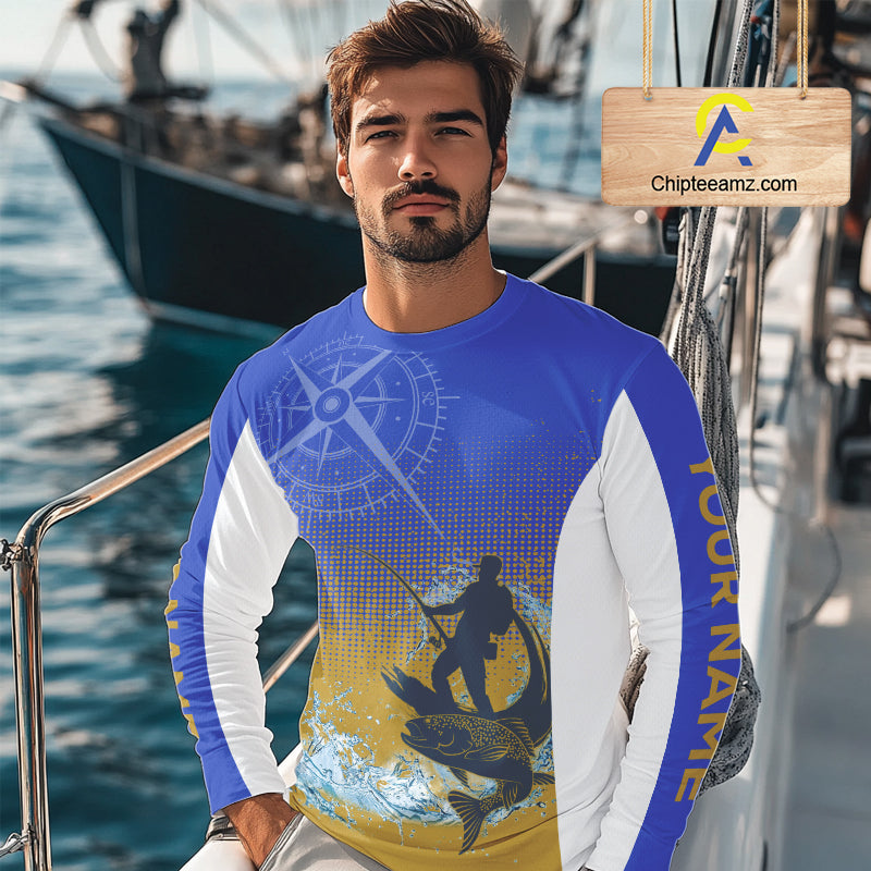Trout Fishing Shirts Long Sleeve Fisherman Compass Blue And Yellow, Trout Fly Fishing Jerseys NBT389