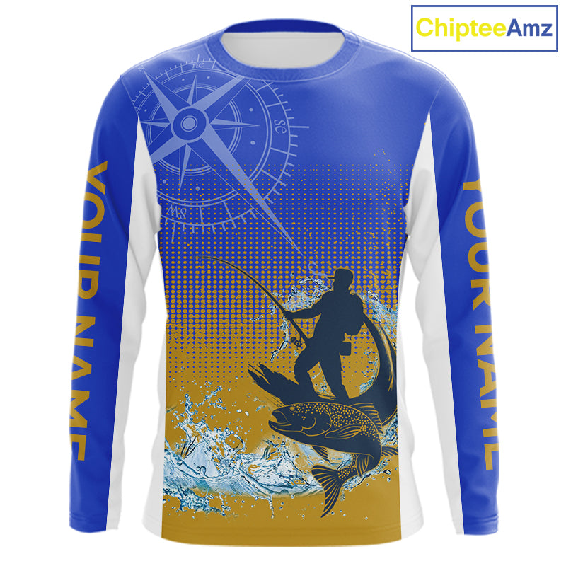 Trout Fishing Shirts Long Sleeve Fisherman Compass Blue And Yellow, Trout Fly Fishing Jerseys NBT389