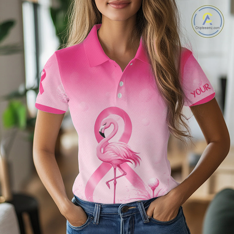 Women wearing pink cancer awareness golf polo at golf course