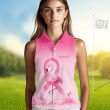 Load image into Gallery viewer, Women wearing pink cancer awareness sleeveless golf polo at golf course